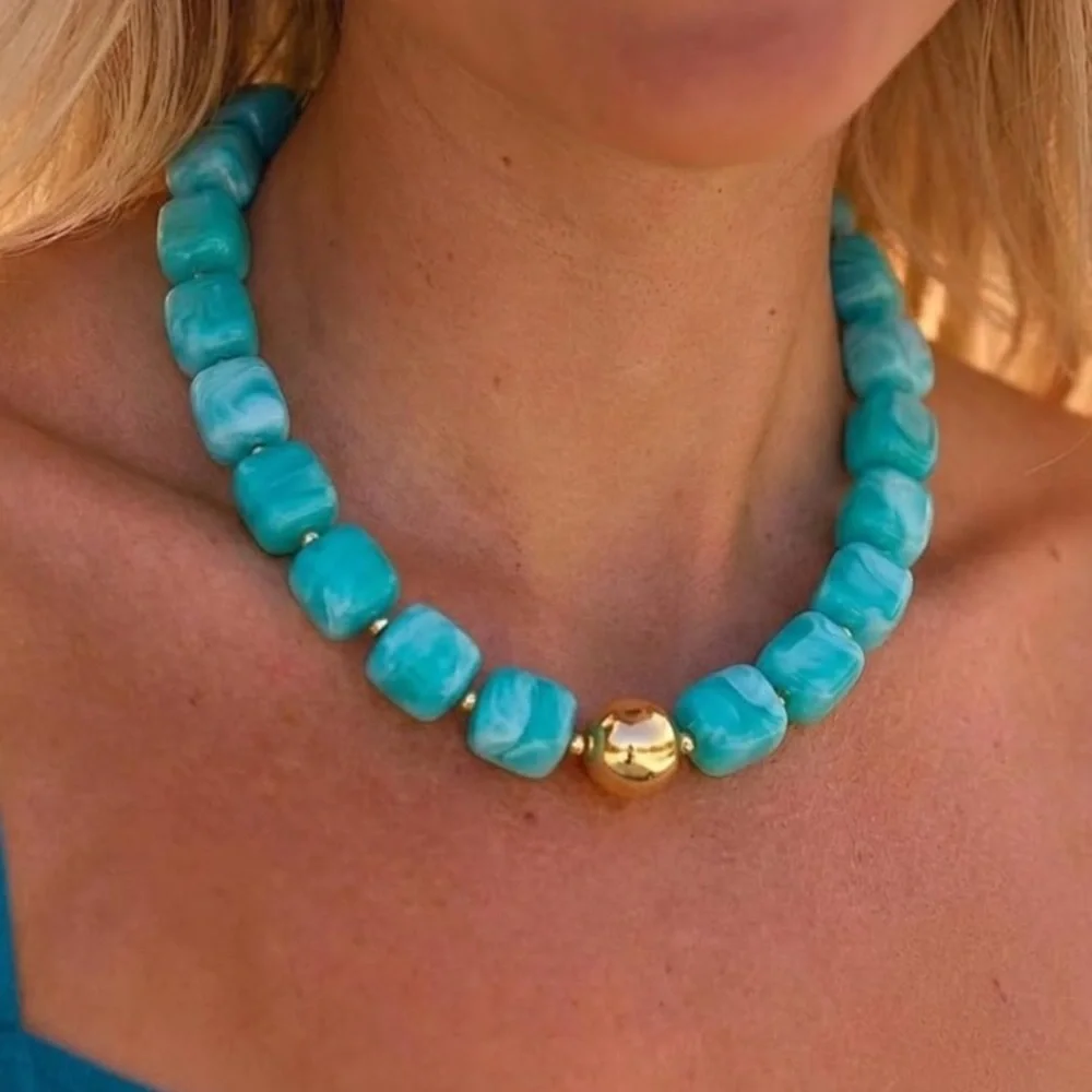 Turquoise Ocean Blue Bead Statement Necklace - Gold Accent new